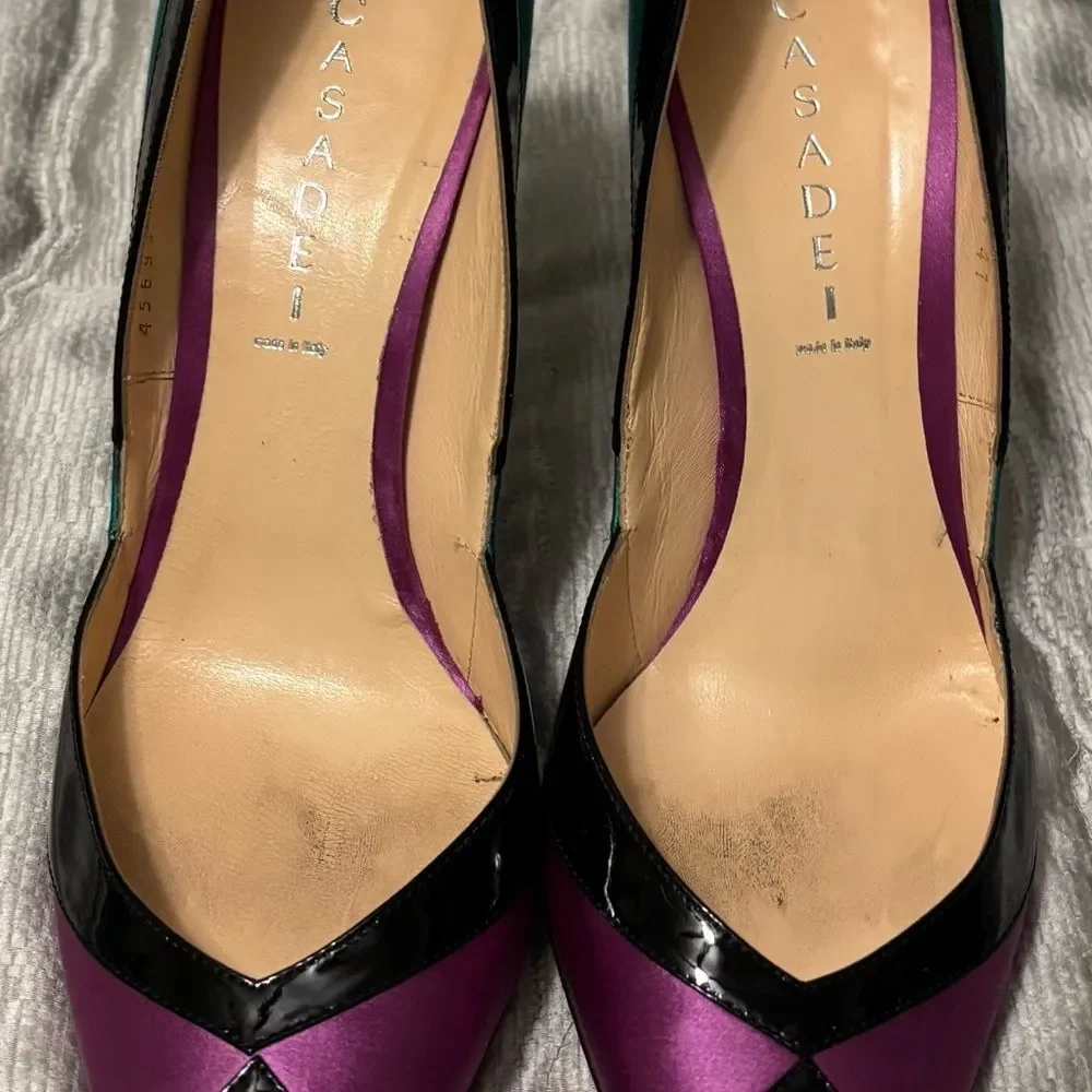 Casadei Italy Leather  Stiletto Pumps Teal Magenta Black Wedding Cocktail Sz 11